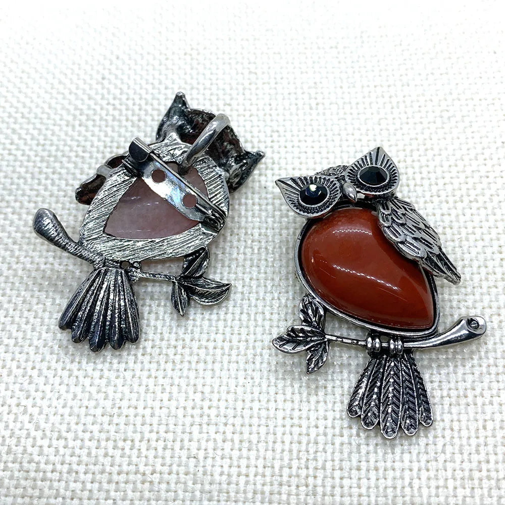Zinc Alloy Inlay Red Agate Pendant 35x46mm Natural Stone Owl Shaped Tiger Eye Brooch Charm Jewelry DIY Necklace Accessories
