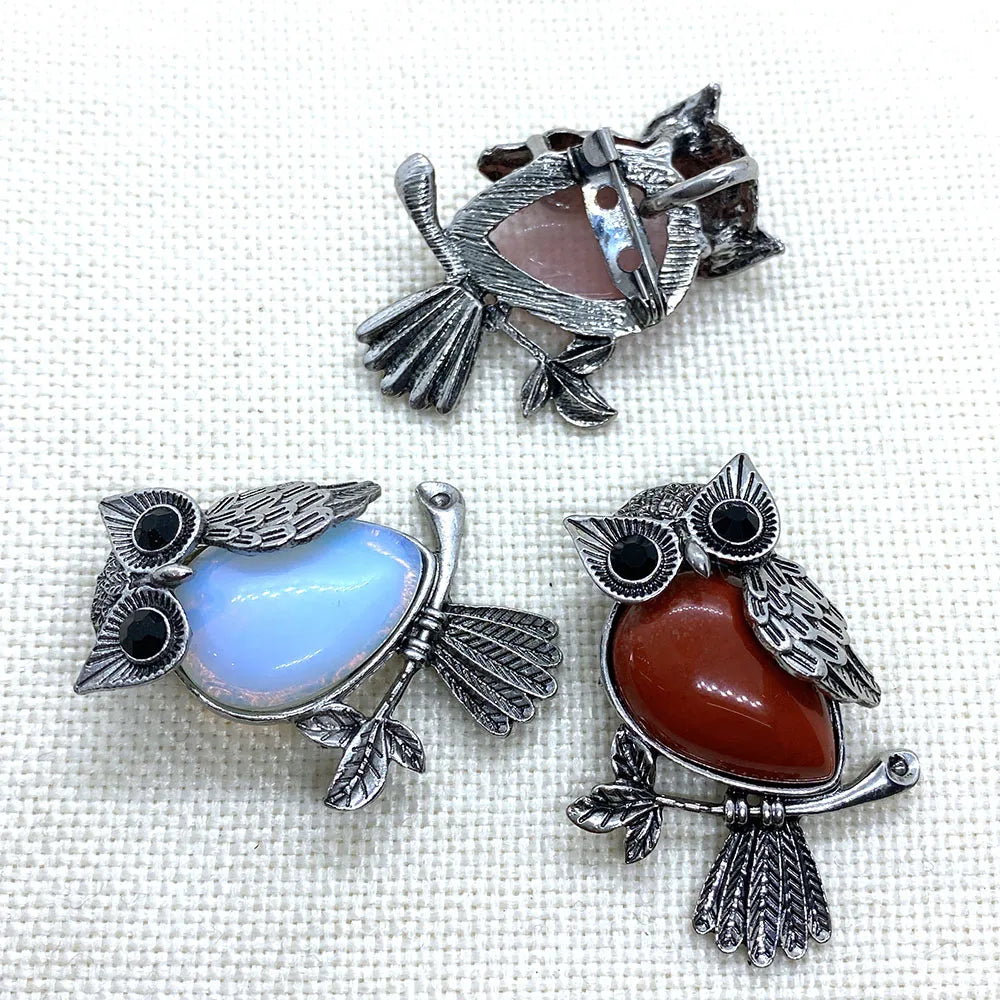 Zinc Alloy Inlay Red Agate Pendant 35x46mm Natural Stone Owl Shaped Tiger Eye Brooch Charm Jewelry DIY Necklace Accessories