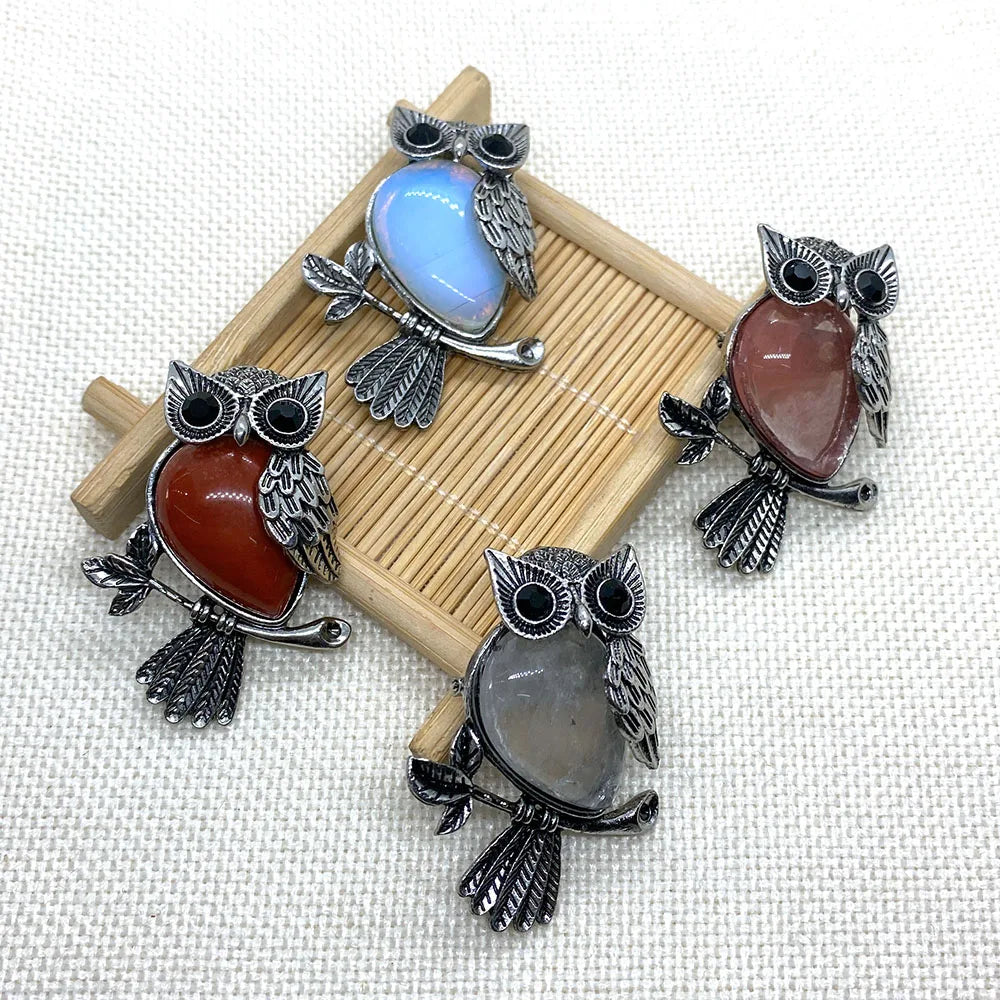 Zinc Alloy Inlay Red Agate Pendant 35x46mm Natural Stone Owl Shaped Tiger Eye Brooch Charm Jewelry DIY Necklace Accessories