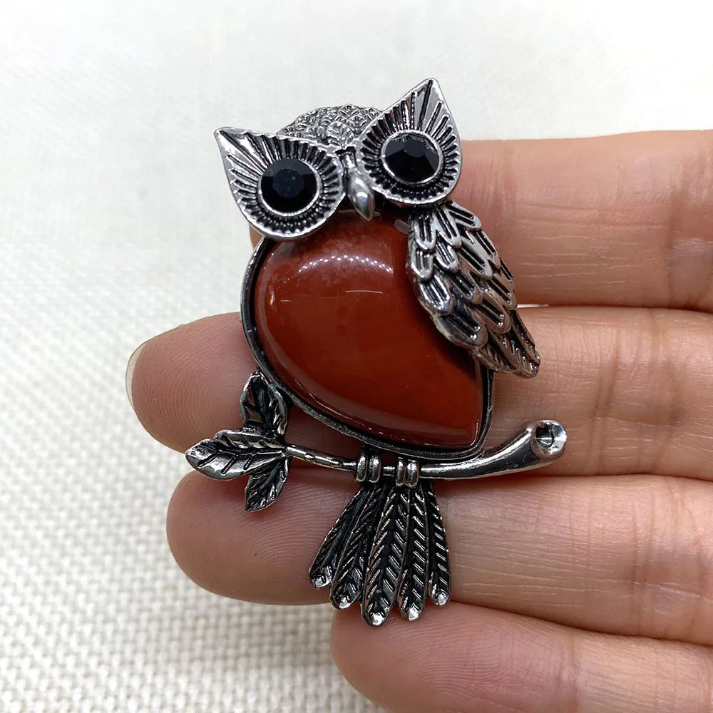 Zinc Alloy Inlay Red Agate Pendant 35x46mm Natural Stone Owl Shaped Tiger Eye Brooch Charm Jewelry DIY Necklace Accessories