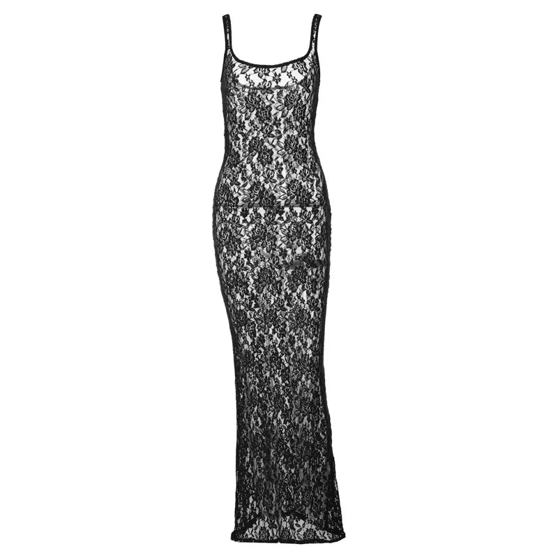 Black Mesh Floral Lace Straps Sexy Bodycon Sheer See Through Maxi Dress Summer Women Fashion Y2K Outfit Beach Vacation