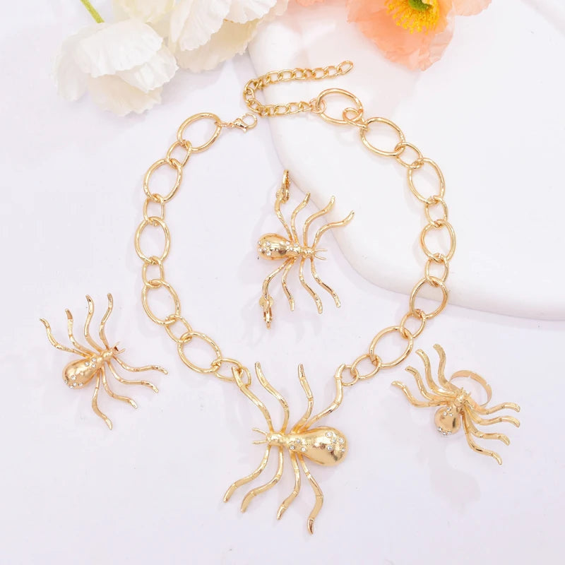 Alloy Diamond Inlay Spider Jewelry Set Euramerican Exaggerated Vogue Earring Necklace Ring Brooch Lady Accessories