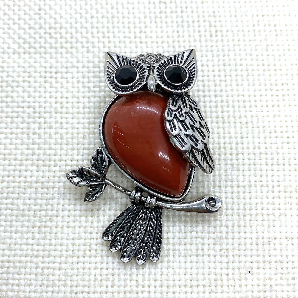 Zinc Alloy Inlay Red Agate Pendant 35x46mm Natural Stone Owl Shaped Tiger Eye Brooch Charm Jewelry DIY Necklace Accessories