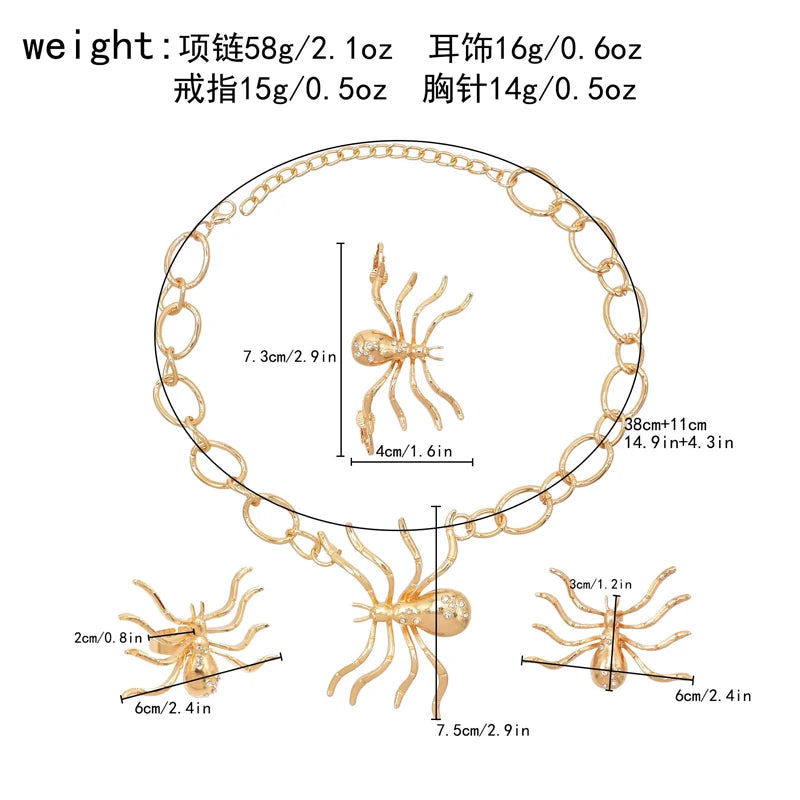 Alloy Diamond Inlay Spider Jewelry Set Euramerican Exaggerated Vogue Earring Necklace Ring Brooch Lady Accessories