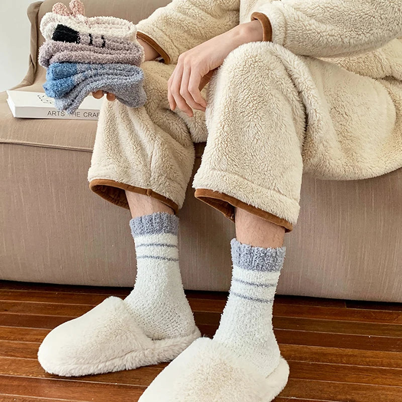 1 Pair Thick Thermal Solid Soft Fluffy Striped Socks Women Winter Warm Fuzzy Socks Cute Fashion Slipper Home Floor Sleeping Sock