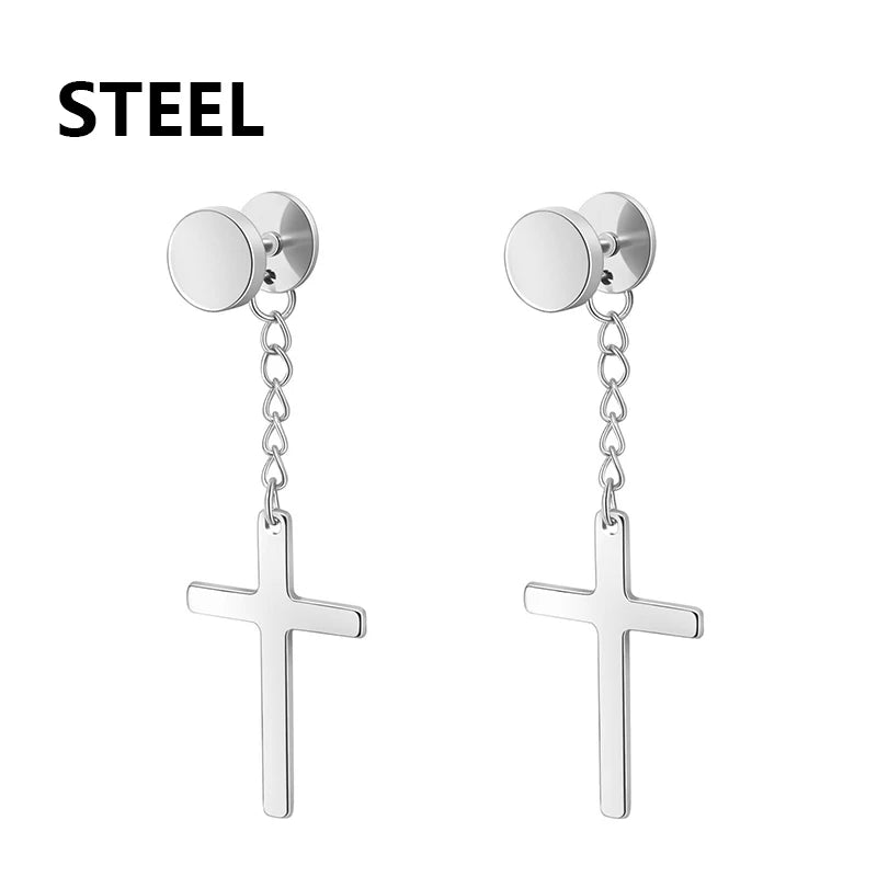1Pair Punk Stainless Steel Cross Pendant Hoop Earrings For Men Women Not Fade Ear Rings Hip Hop Male Jewelry