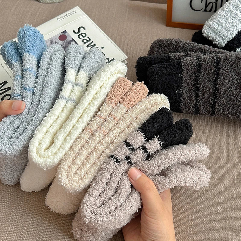 1 Pair Thick Thermal Solid Soft Fluffy Striped Socks Women Winter Warm Fuzzy Socks Cute Fashion Slipper Home Floor Sleeping Sock