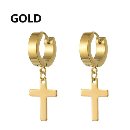 1Pair Punk Stainless Steel Cross Pendant Hoop Earrings For Men Women Not Fade Ear Rings Hip Hop Male Jewelry