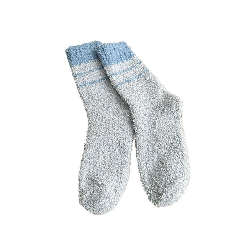 1 Pair Thick Thermal Solid Soft Fluffy Striped Socks Women Winter Warm Fuzzy Socks Cute Fashion Slipper Home Floor Sleeping Sock