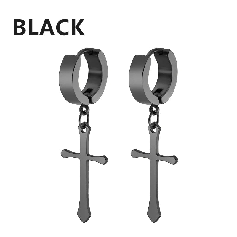 1Pair Punk Stainless Steel Cross Pendant Hoop Earrings For Men Women Not Fade Ear Rings Hip Hop Male Jewelry