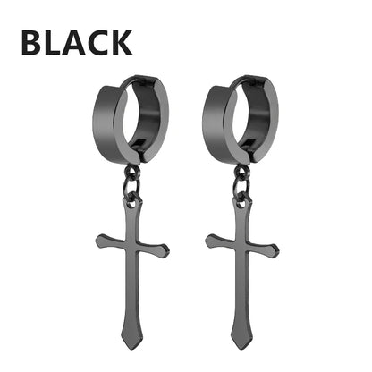 1Pair Punk Stainless Steel Cross Pendant Hoop Earrings For Men Women Not Fade Ear Rings Hip Hop Male Jewelry