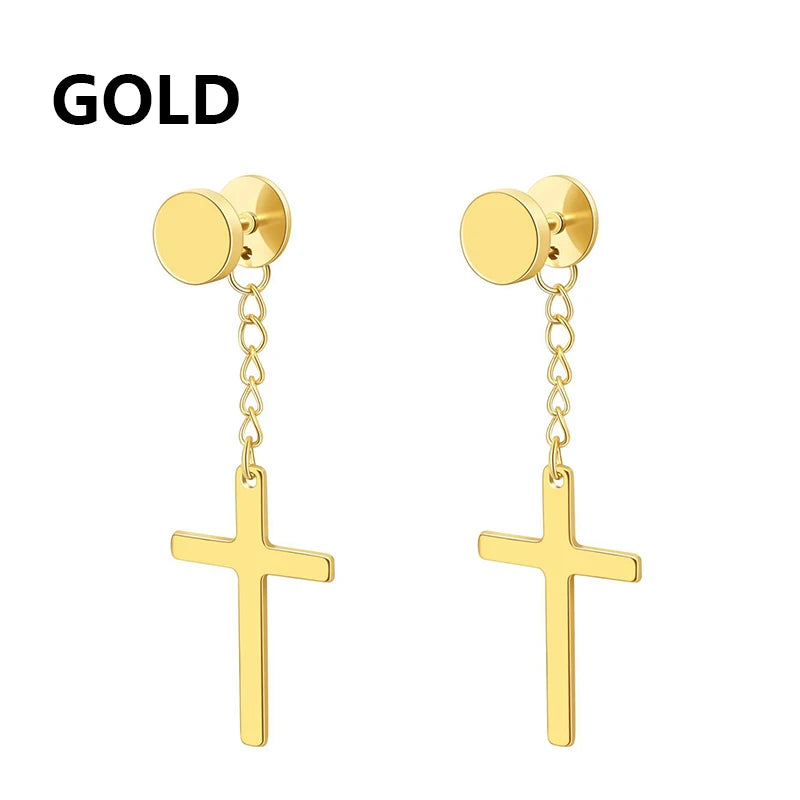 1Pair Punk Stainless Steel Cross Pendant Hoop Earrings For Men Women Not Fade Ear Rings Hip Hop Male Jewelry