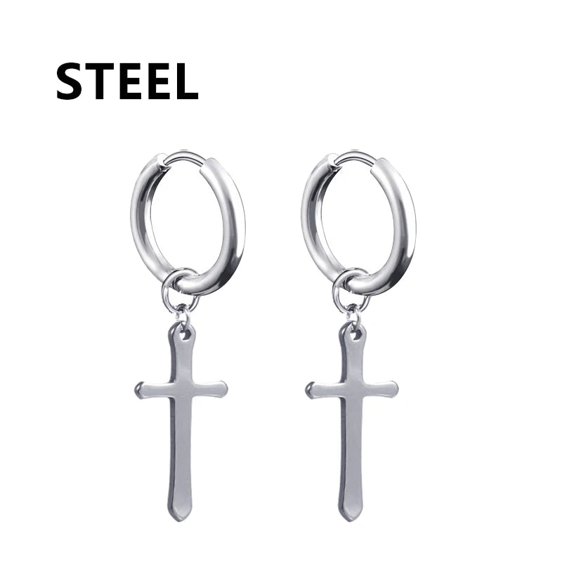 1Pair Punk Stainless Steel Cross Pendant Hoop Earrings For Men Women Not Fade Ear Rings Hip Hop Male Jewelry