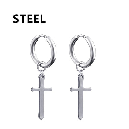 1Pair Punk Stainless Steel Cross Pendant Hoop Earrings For Men Women Not Fade Ear Rings Hip Hop Male Jewelry