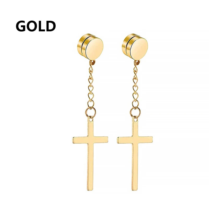 1Pair Punk Stainless Steel Cross Pendant Hoop Earrings For Men Women Not Fade Ear Rings Hip Hop Male Jewelry