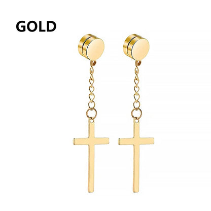 1Pair Punk Stainless Steel Cross Pendant Hoop Earrings For Men Women Not Fade Ear Rings Hip Hop Male Jewelry