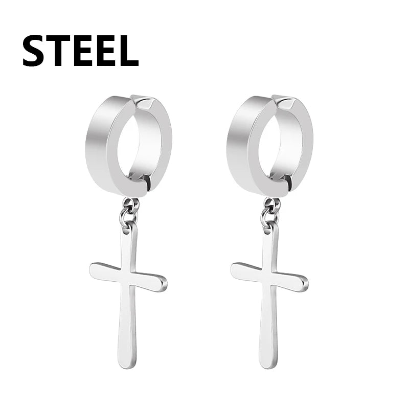 1Pair Punk Stainless Steel Cross Pendant Hoop Earrings For Men Women Not Fade Ear Rings Hip Hop Male Jewelry
