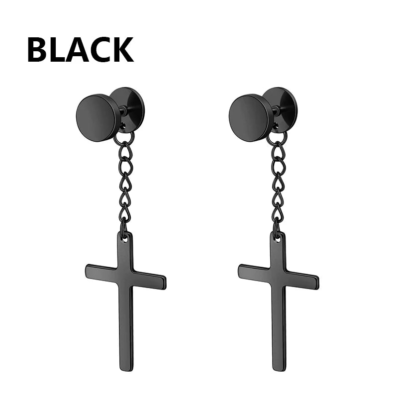 1Pair Punk Stainless Steel Cross Pendant Hoop Earrings For Men Women Not Fade Ear Rings Hip Hop Male Jewelry