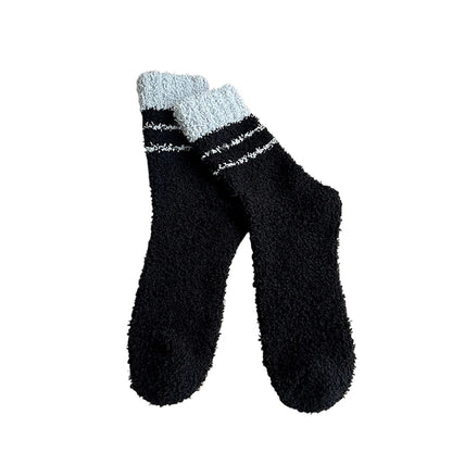 1 Pair Thick Thermal Solid Soft Fluffy Striped Socks Women Winter Warm Fuzzy Socks Cute Fashion Slipper Home Floor Sleeping Sock