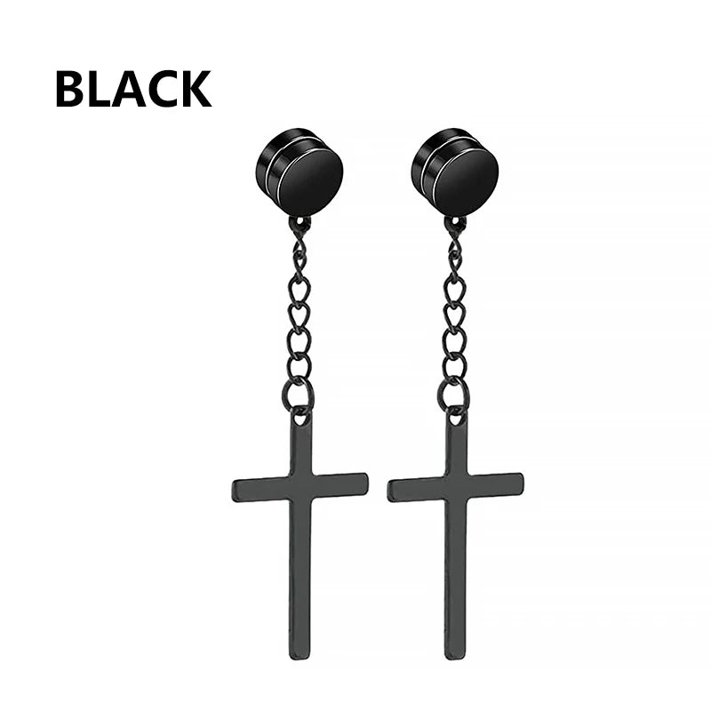 1Pair Punk Stainless Steel Cross Pendant Hoop Earrings For Men Women Not Fade Ear Rings Hip Hop Male Jewelry