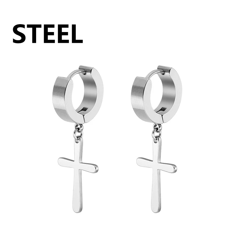 1Pair Punk Stainless Steel Cross Pendant Hoop Earrings For Men Women Not Fade Ear Rings Hip Hop Male Jewelry