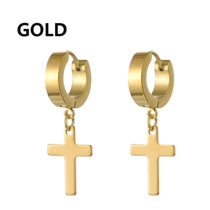 1Pair Punk Stainless Steel Cross Pendant Hoop Earrings For Men Women Not Fade Ear Rings Hip Hop Male Jewelry