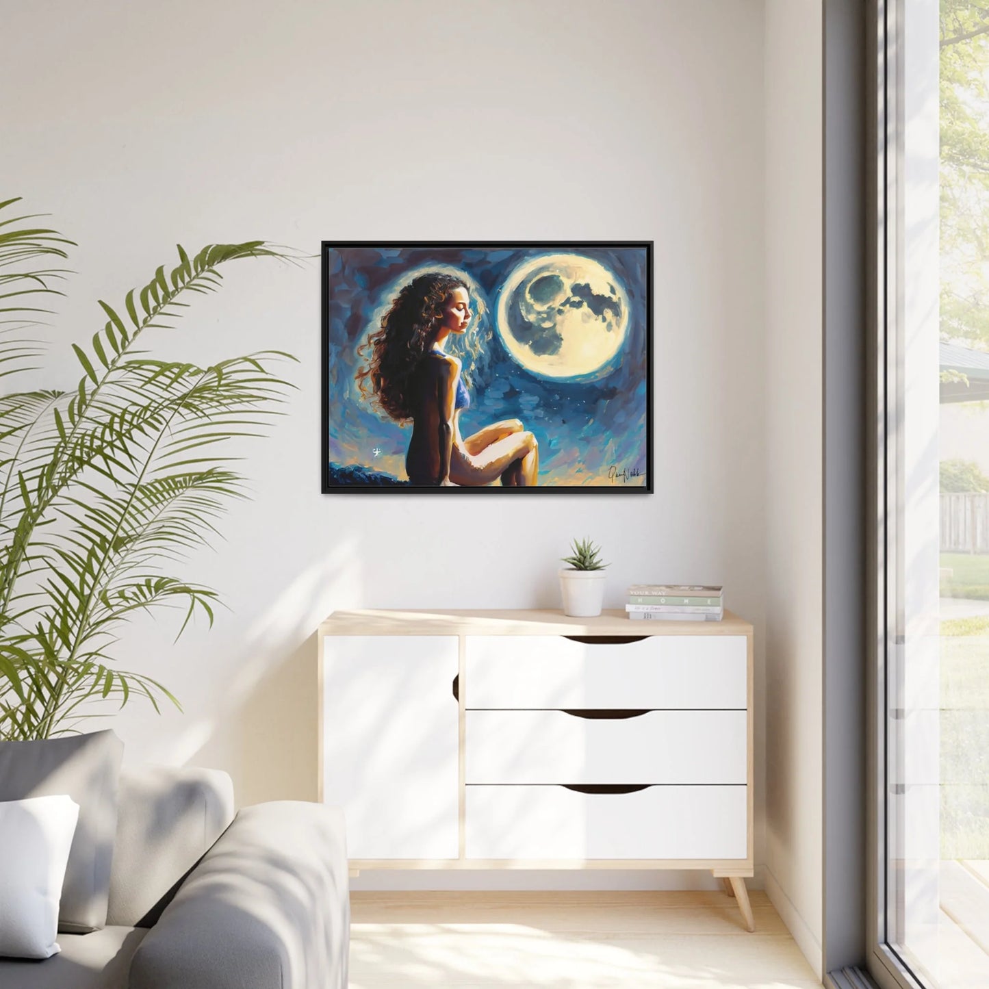 Canvas Wall Art - a Woman on a Rock with a Full Moon by Queennoble