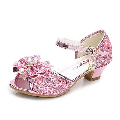 Princess Kids Shoes for Girls Sandals Flower Casual Glitter Children High Heel Butterfly Knot Party Cristmas Gifts Teenger