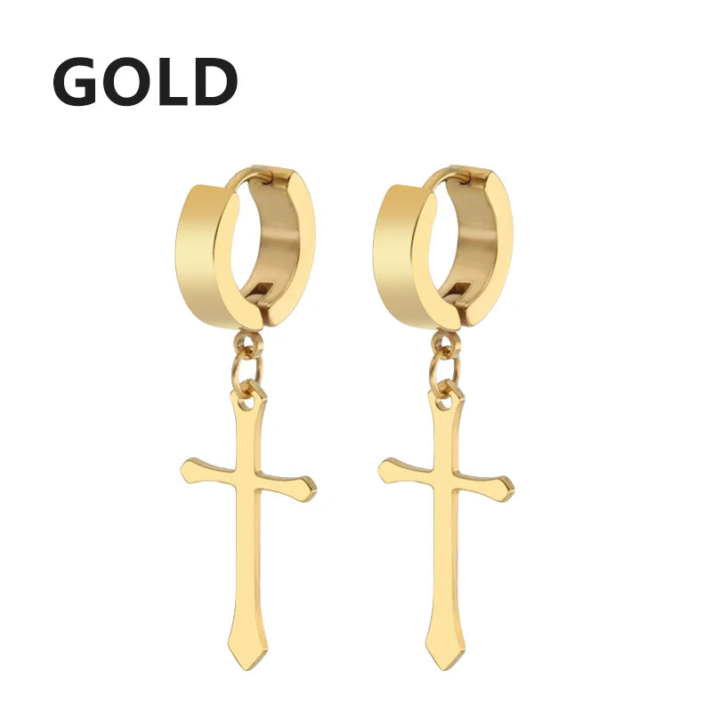 1Pair Punk Stainless Steel Cross Pendant Hoop Earrings For Men Women Not Fade Ear Rings Hip Hop Male Jewelry