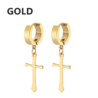 1Pair Punk Stainless Steel Cross Pendant Hoop Earrings For Men Women Not Fade Ear Rings Hip Hop Male Jewelry