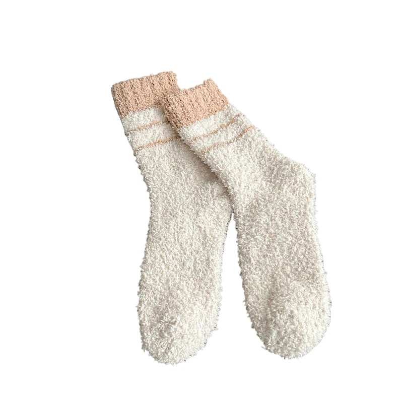 1 Pair Thick Thermal Solid Soft Fluffy Striped Socks Women Winter Warm Fuzzy Socks Cute Fashion Slipper Home Floor Sleeping Sock