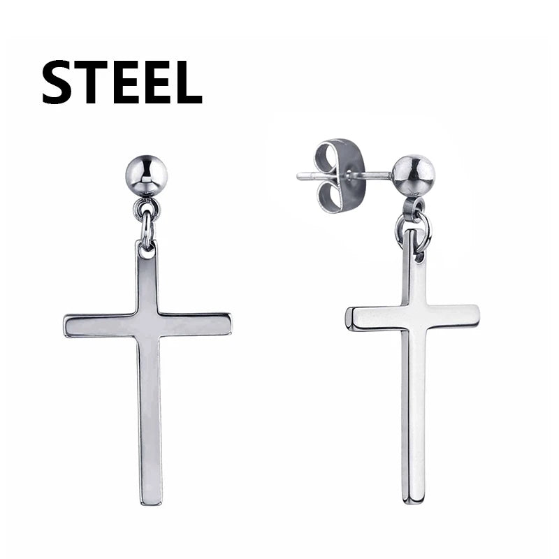1Pair Punk Stainless Steel Cross Pendant Hoop Earrings For Men Women Not Fade Ear Rings Hip Hop Male Jewelry