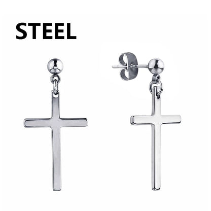 1Pair Punk Stainless Steel Cross Pendant Hoop Earrings For Men Women Not Fade Ear Rings Hip Hop Male Jewelry