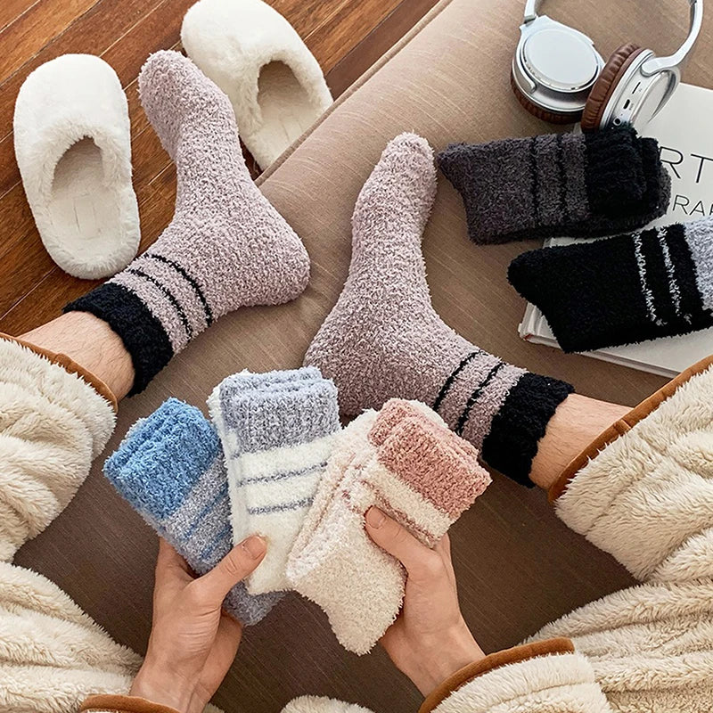 1 Pair Thick Thermal Solid Soft Fluffy Striped Socks Women Winter Warm Fuzzy Socks Cute Fashion Slipper Home Floor Sleeping Sock