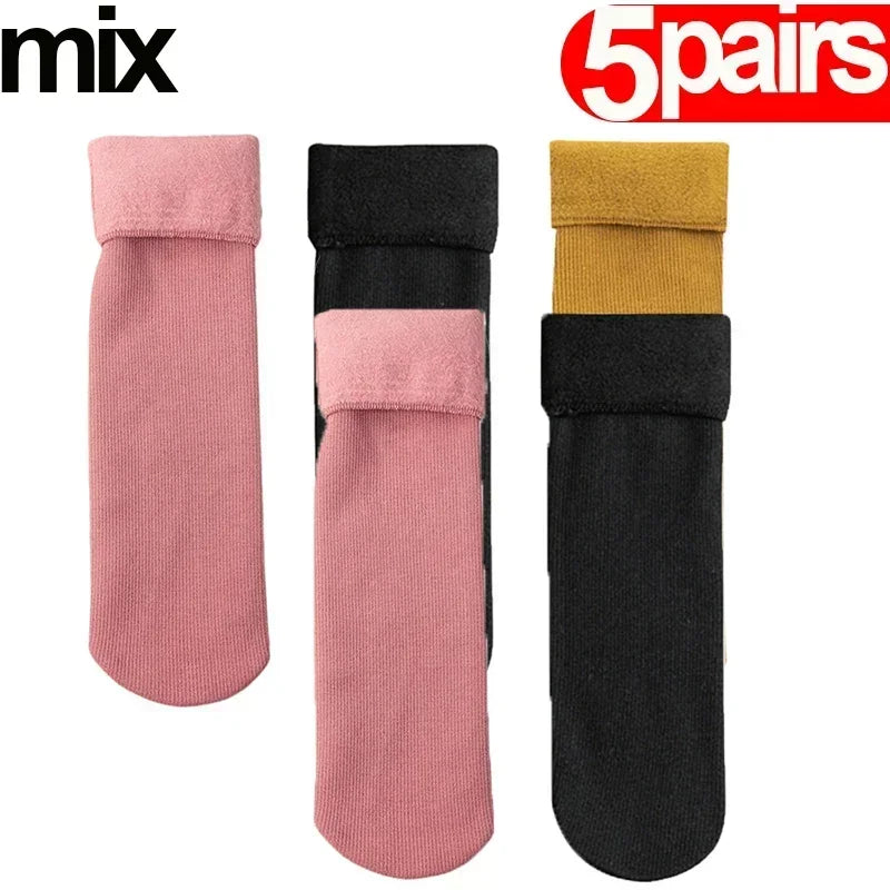 1/5Pairs Women Winter Velvet Snow Boots Socks Warm Thermal Thicken Fleece Soft Cosy Socks Colorful Home Snow Boots Floor Sock