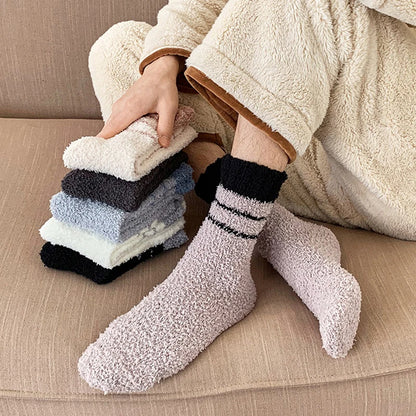 1 Pair Thick Thermal Solid Soft Fluffy Striped Socks Women Winter Warm Fuzzy Socks Cute Fashion Slipper Home Floor Sleeping Sock