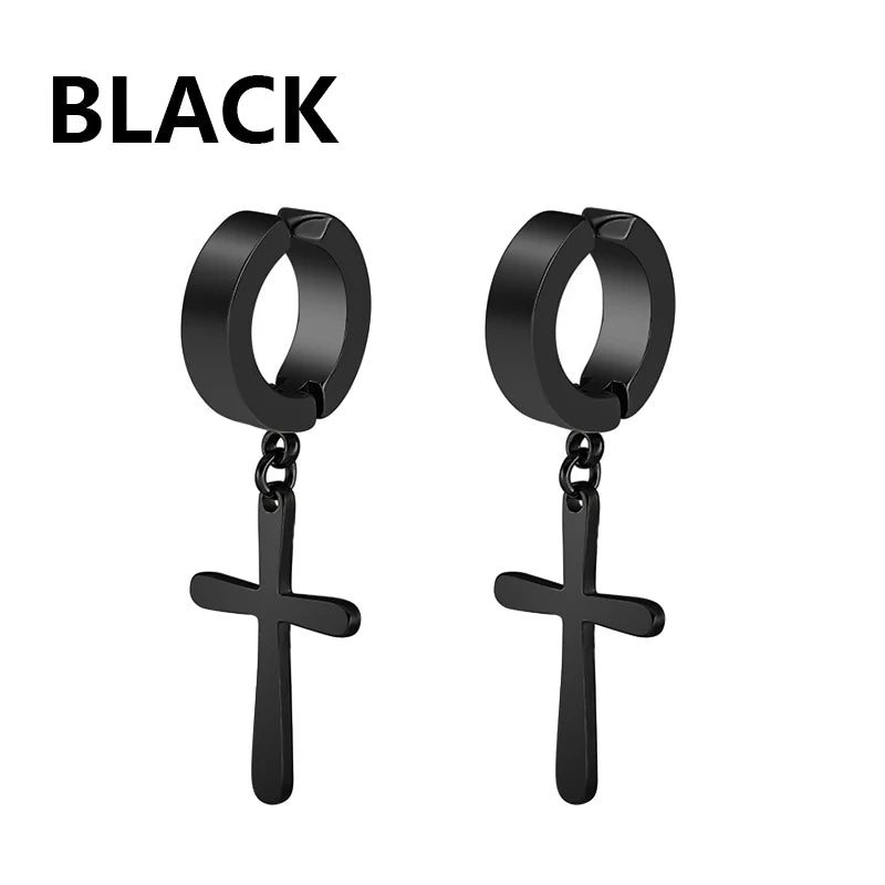 1Pair Punk Stainless Steel Cross Pendant Hoop Earrings For Men Women Not Fade Ear Rings Hip Hop Male Jewelry