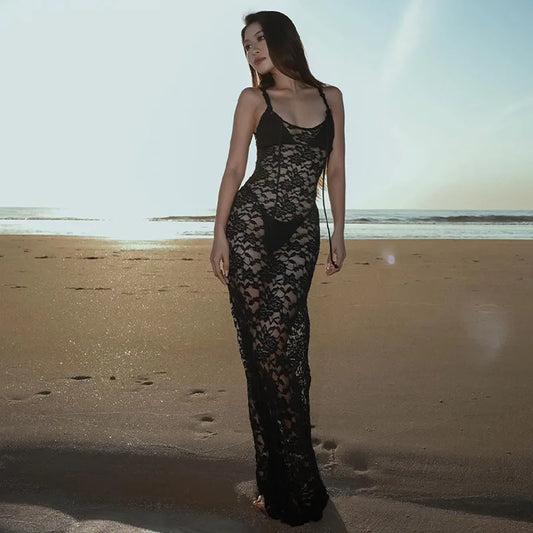 Black Mesh Floral Lace Straps Sexy Bodycon Sheer See Through Maxi Dress Summer Women Fashion Y2K Outfit Beach Vacation