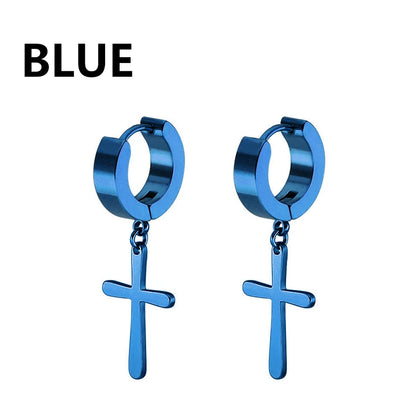 1Pair Punk Stainless Steel Cross Pendant Hoop Earrings For Men Women Not Fade Ear Rings Hip Hop Male Jewelry