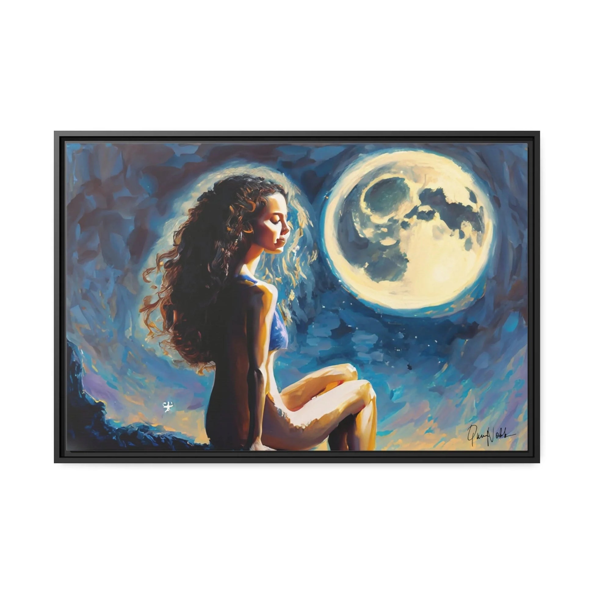 Canvas Wall Art - a Woman on a Rock with a Full Moon by Queennoble