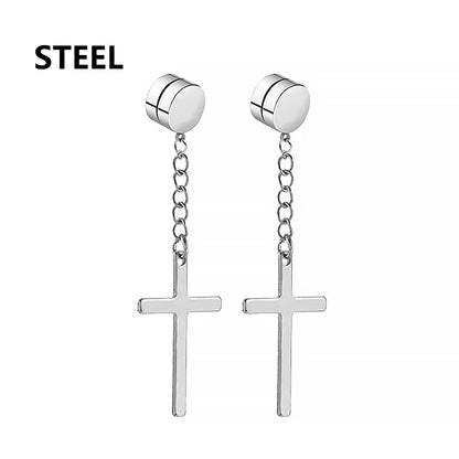 1Pair Punk Stainless Steel Cross Pendant Hoop Earrings For Men Women Not Fade Ear Rings Hip Hop Male Jewelry