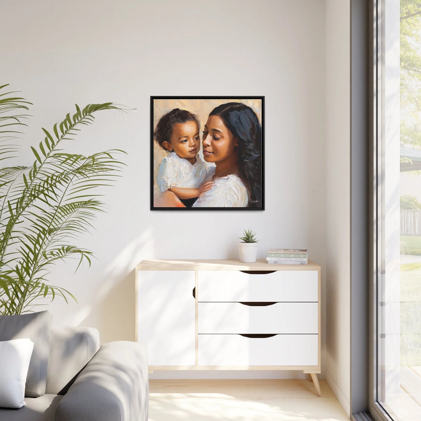 Mother and Child Portrait Canvas Wall Art with Frame - Queennoble