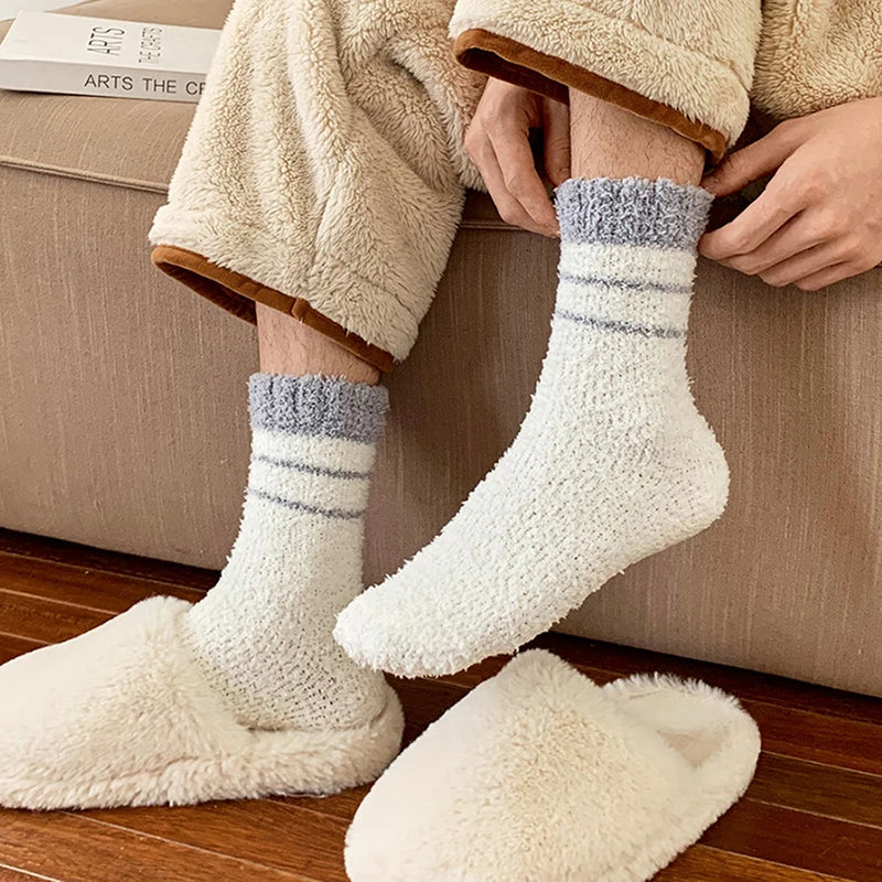 1 Pair Thick Thermal Solid Soft Fluffy Striped Socks Women Winter Warm Fuzzy Socks Cute Fashion Slipper Home Floor Sleeping Sock