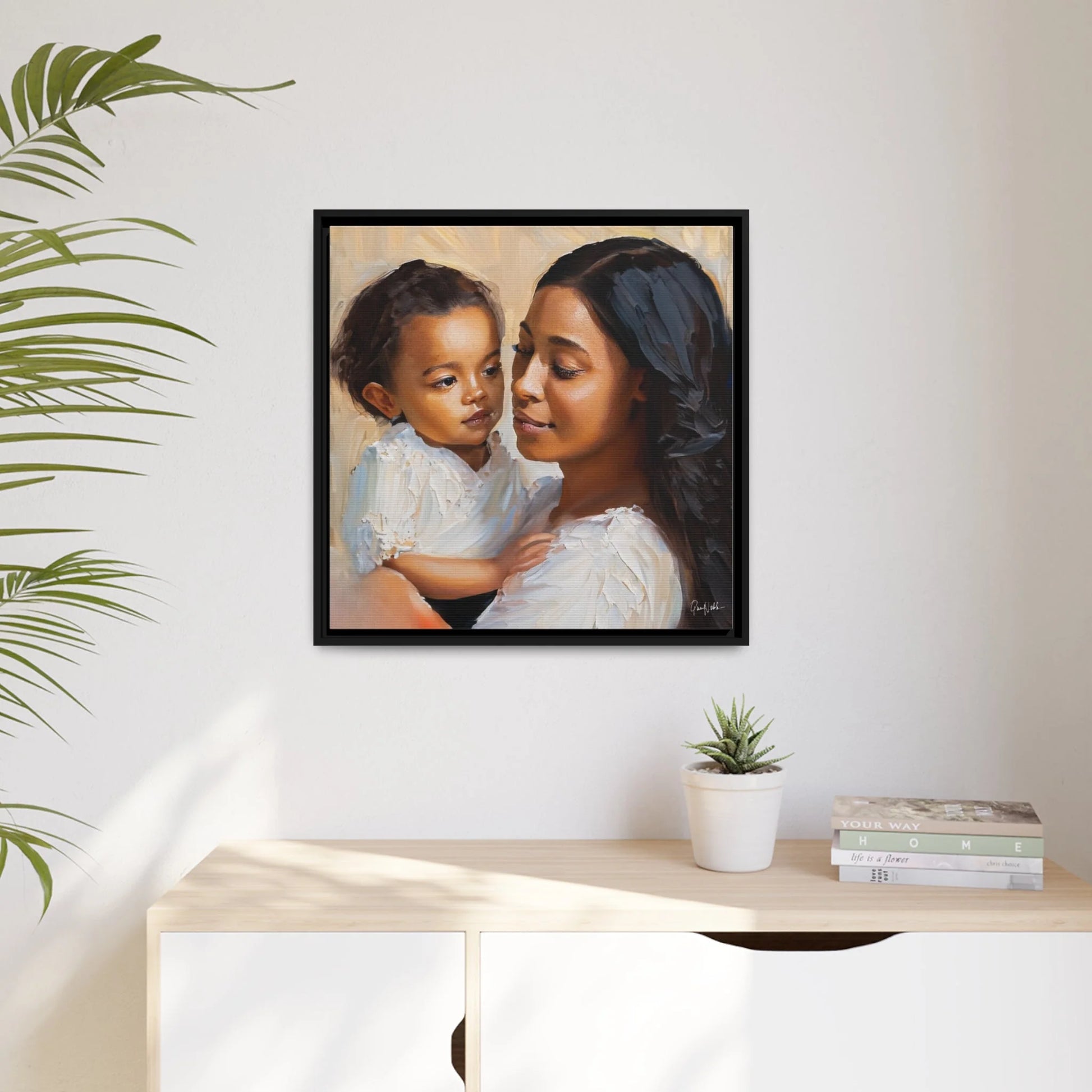 Mother and Child Portrait Canvas Wall Art with Frame - Queennoble