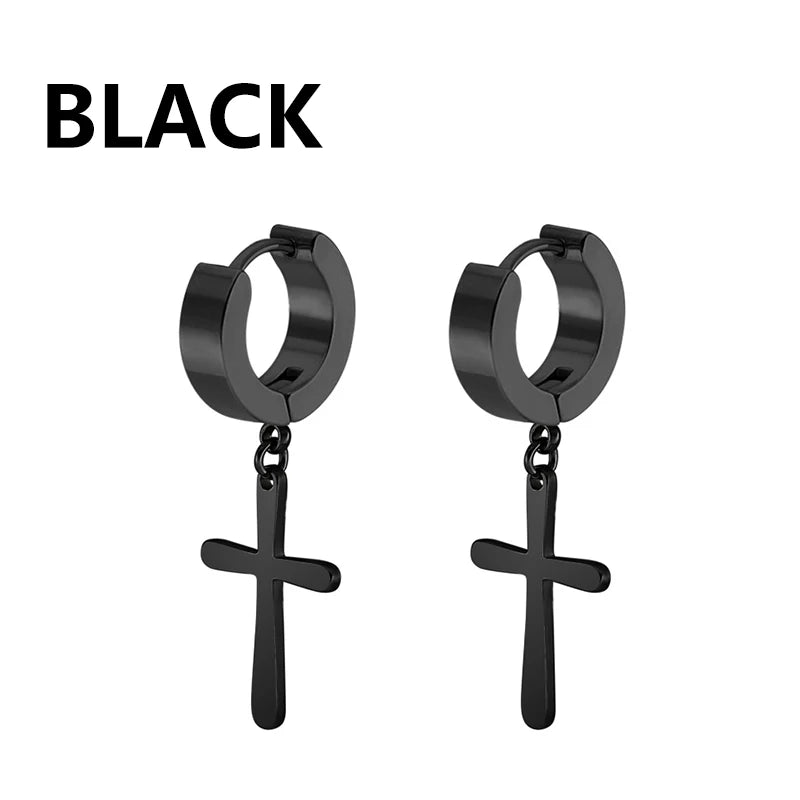1Pair Punk Stainless Steel Cross Pendant Hoop Earrings For Men Women Not Fade Ear Rings Hip Hop Male Jewelry
