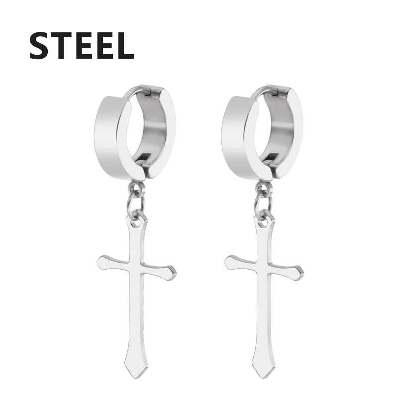 1Pair Punk Stainless Steel Cross Pendant Hoop Earrings For Men Women Not Fade Ear Rings Hip Hop Male Jewelry
