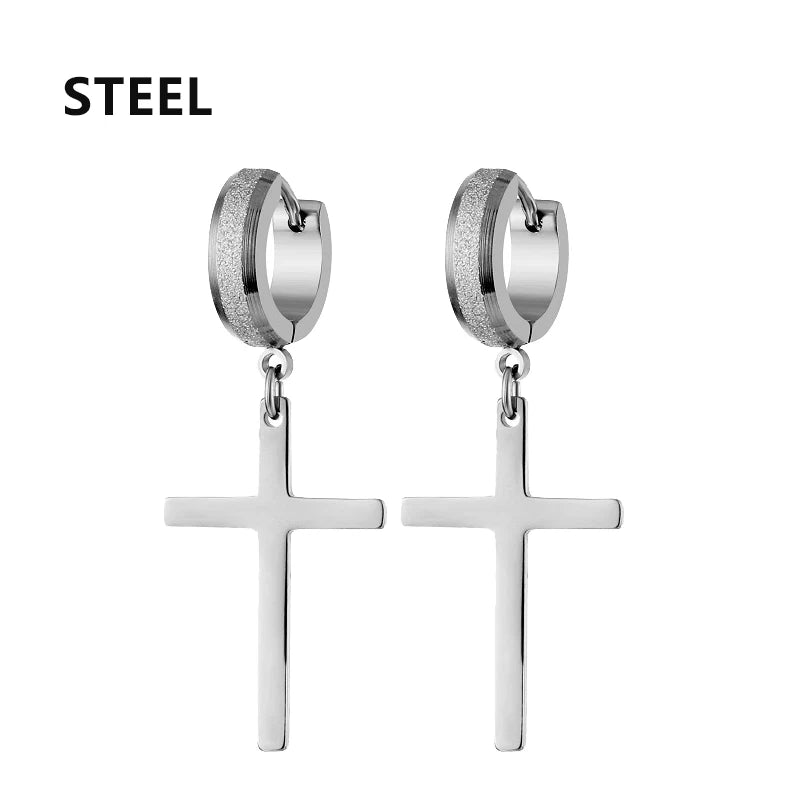 1Pair Punk Stainless Steel Cross Pendant Hoop Earrings For Men Women Not Fade Ear Rings Hip Hop Male Jewelry