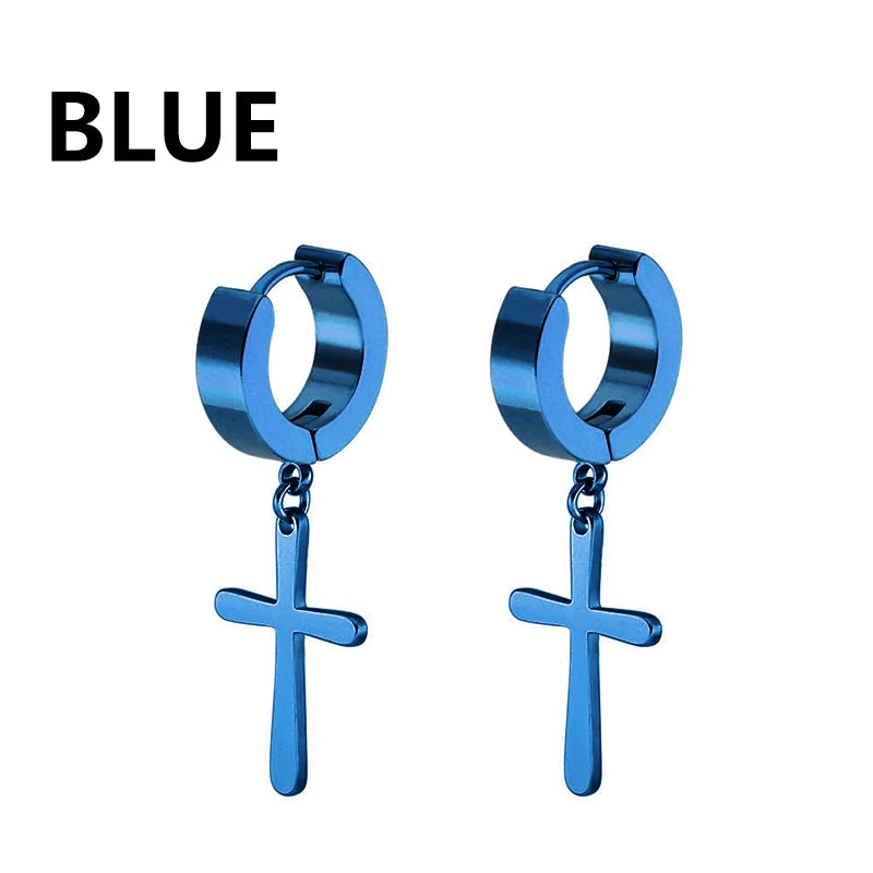 1Pair Punk Stainless Steel Cross Pendant Hoop Earrings For Men Women Not Fade Ear Rings Hip Hop Male Jewelry