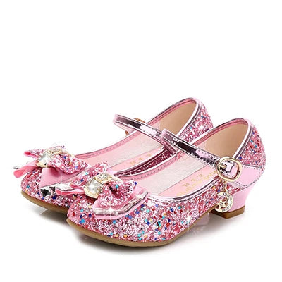 Princess Kids Shoes for Girls Sandals Flower Casual Glitter Children High Heel Butterfly Knot Party Cristmas Gifts Teenger