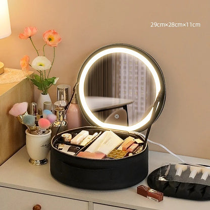 Round Smart LED Makeup Bag with Mirror Lights Women Beauty Bag Large Capacity PU Leather Travel Organizers Cosmetic Case